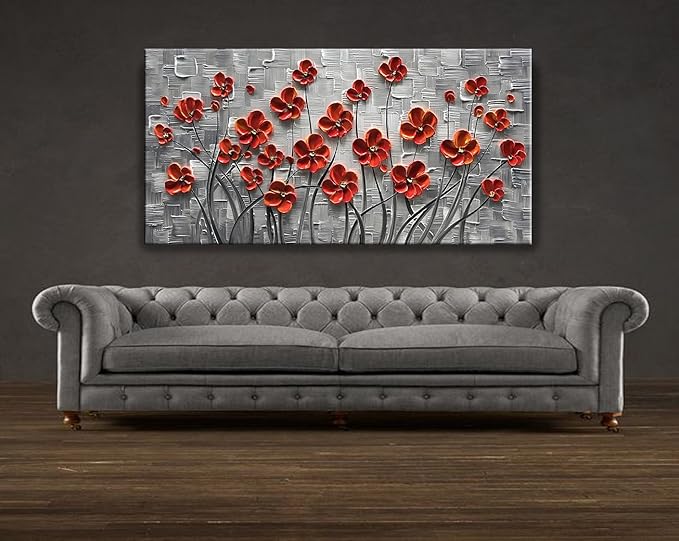 YaSheng Art - Hand painted 3D Oil Paintings On Canvas Red Flowers Paintings Modern Home Decor Abstract Artwork Canvas Wall Art Paintings,Stretched and Framed Ready to Hang 24x48inch