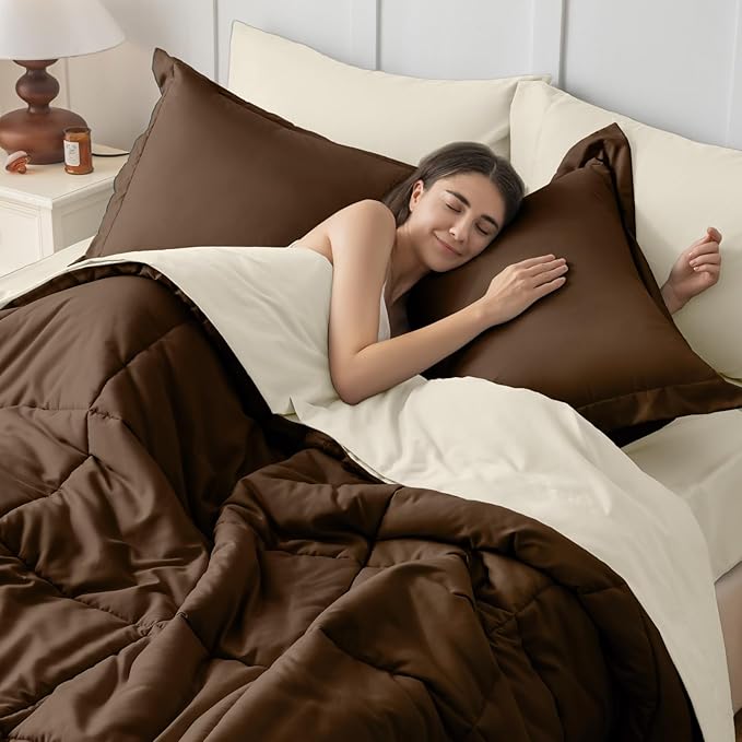 JOLLYVOGUE California King Comforter Set, Ultra-Soft Bed in a Bag Cal King Size 7 Pieces, Oeko-TEX Certified Bedding Set with Down Alternative Comforter, Sheets, Pillowcases & Shams, Brown & Beige