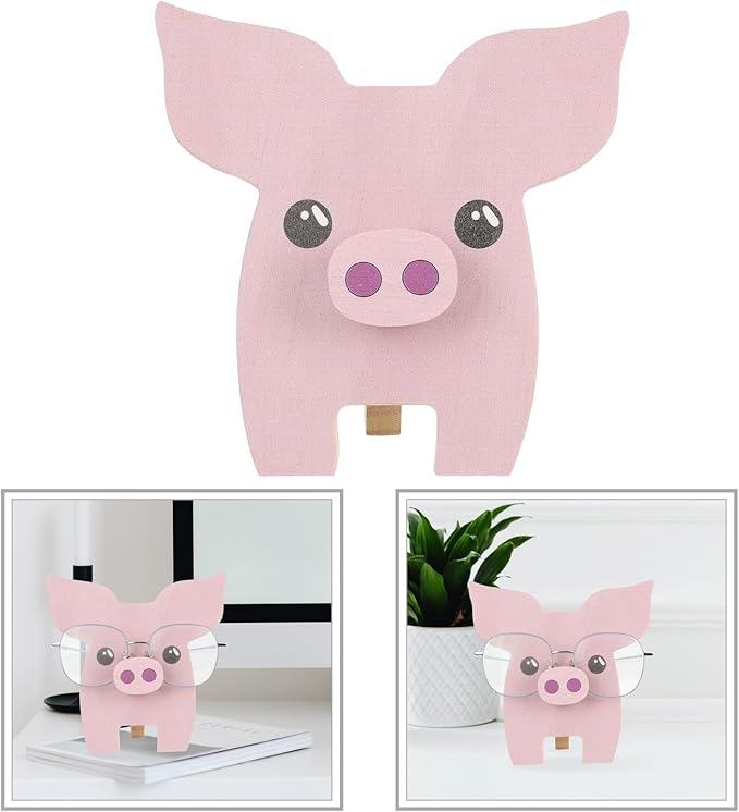 Wooden Pig Figurine Eyeglass Holder Glasses Organizer Stand Desktop Sunglasses Display Rack Wood Carving Decoration for Office Table