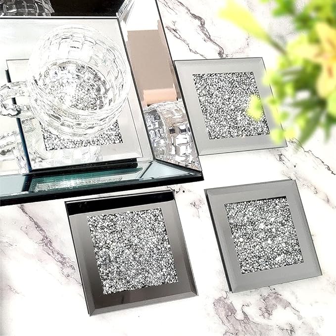 GIMORRTO Glass Mirrored Coaster 4 PC, Crushed Diamond Square Cup Mat 4" Decor on Tabletop for Bar Tools Dining Table