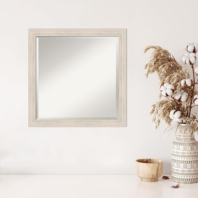 Amanti Art White Wall Mirror 23x23 Hardwood White Wash Narrow Square Bathroom Mirror for Wall Decor Living Room, Medium Country Rustic Wood Frame, Hangs Horizonally and Vertically, Bathroom Decor,