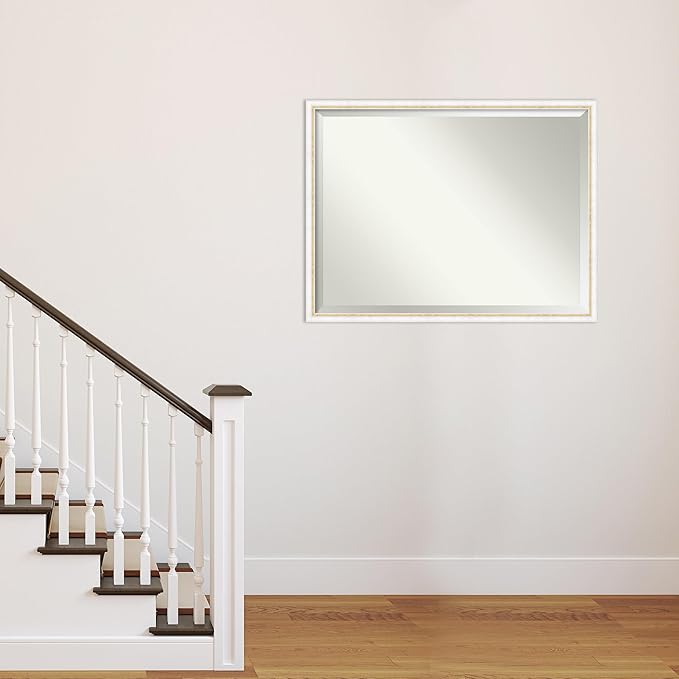 Amanti Art White Wall Mirror 32x42 Morgan White Gold Rectangle Bathroom Mirror for Wall Decor Living Room, X-Large Modern Wood Frame, Hangs Horizonally and Vertically, Bathroom Decor, Beveled Edge