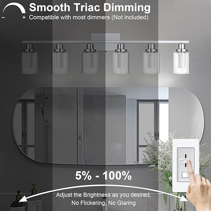 MELUCEE 6-Light LED Bathroom Vanity Light 5 Color Dimmable, Modern Chrome Vanity Lights Bathroom Light Bar Wall Sconce Lamp with Crystal Bubble Clear Glass Shade, Built-in LED Chips