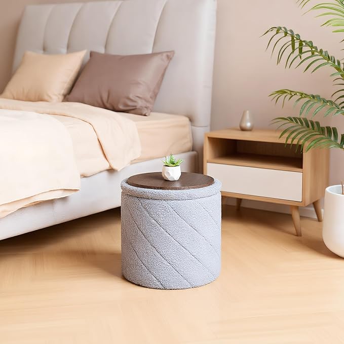 13" Foldable Boucle Round Storage Ottoman,Space-Saving Footrest/Seating/Coffee Table for Small Apartments,Dorms & Bedrooms-Grey