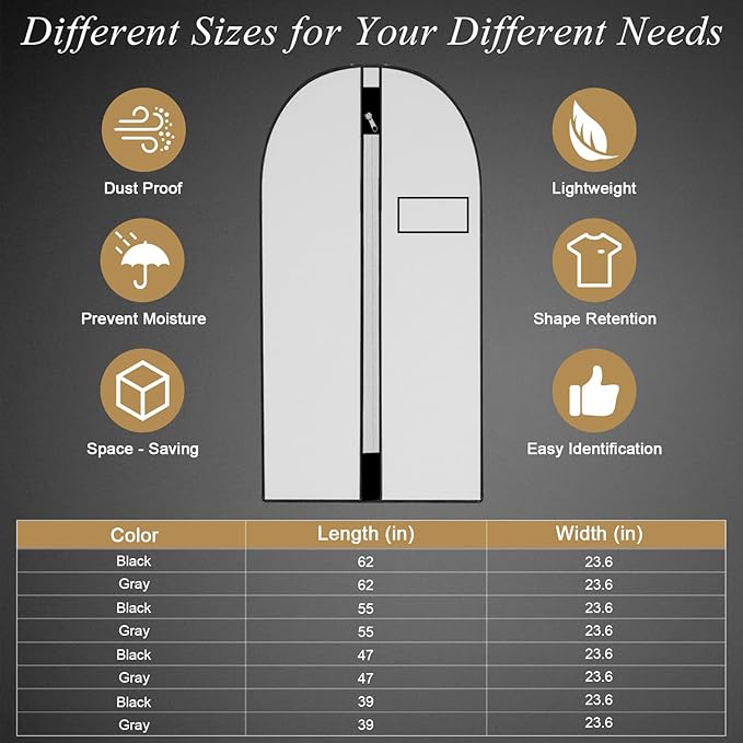 55-Inch Garment Bags Covers,Hanging Clothes Bag, Suit Cover Bags with Clear Window for Hanging Closet Clothes Storage and Travel (Black-55Inch)