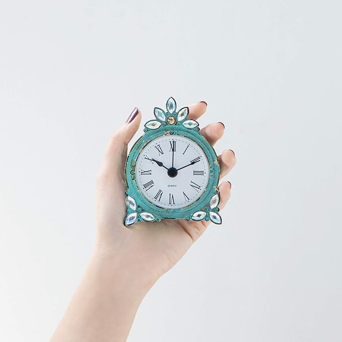 NIKKY HOME Vintage Pewter Quartz Mini Table Clock with Crystal Shining Rhinestone, 2.87 x 1.37 x 3.87 Inches, Aqua
