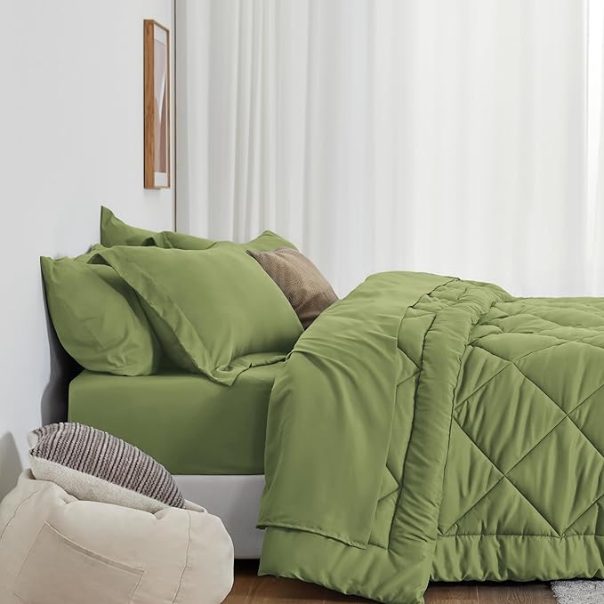 Love's cabin Queen Comforter Set Olive Green, 7 Pieces Queen Bed in a Bag, All Season Bedding Sets with 1 Comforter, 1 Flat Sheet, 1 Fitted Sheet, 2 Pillowcase and 2 Pillow Sham