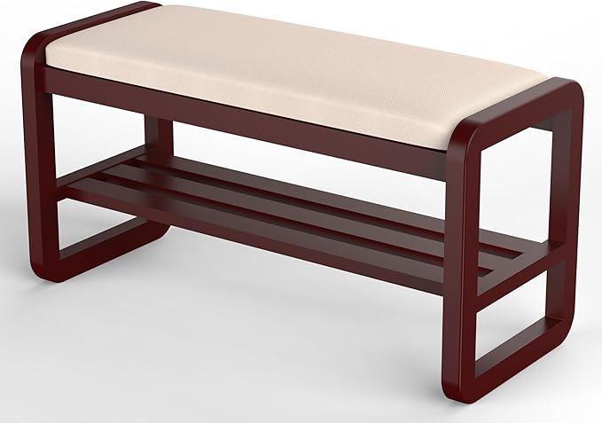 Solid Wood Shoe Rack, 2 Tier Shoe Storage Bench with Cushion Seat, 10 Pair Shoe Organizer for Entryway, Walnut, 39 Inch