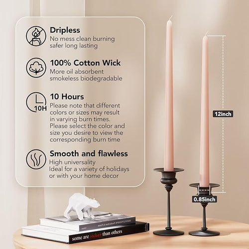 12-Inch Tall Dripless Taper Candles Set of 4 - Pearl Pink Tapered Candles, Perfect for Christmas - Smokeless, Unscented, Long Burning - Hand Poured, Colored Tall Candlesticks - Rosa Perla