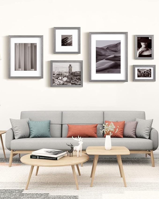 Egofine 4x6 Picture Frames Set of 4, Made of Solid Wood Covered by Plexiglass 3x4.5 and 3.5x5 with Mat or 4x6 without Mat, for Table Top Display and Wall Mounting Photo Frame, Light Grey