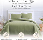 Southshore Fine Living, Inc. Twin XL Comforter Quilt Set, Dorm Room Bedding Essentials, Stain Resistant, Machine Washable Bed Spread, Twin XL Green Quilt Bedspread Set w/Pillow Sham, Sage Green
