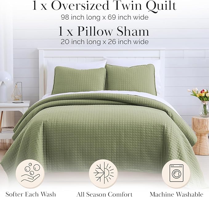 Southshore Fine Living, Inc. Twin XL Comforter Quilt Set, Dorm Room Bedding Essentials, Stain Resistant, Machine Washable Bed Spread, Twin XL Green Quilt Bedspread Set w/Pillow Sham, Sage Green