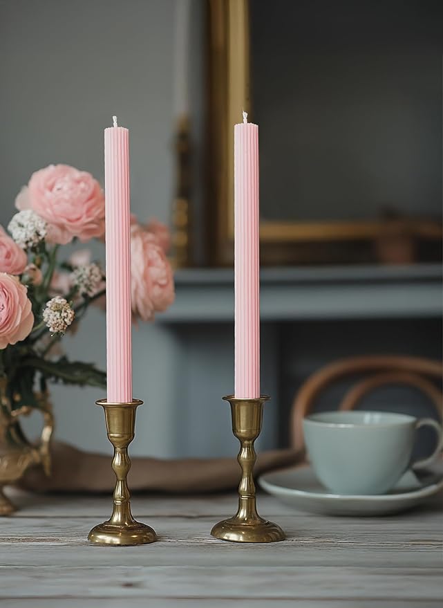 10" Candle Sticks, Ribbed Taper Candles, Blush Pink, 4-Pack, Unscented