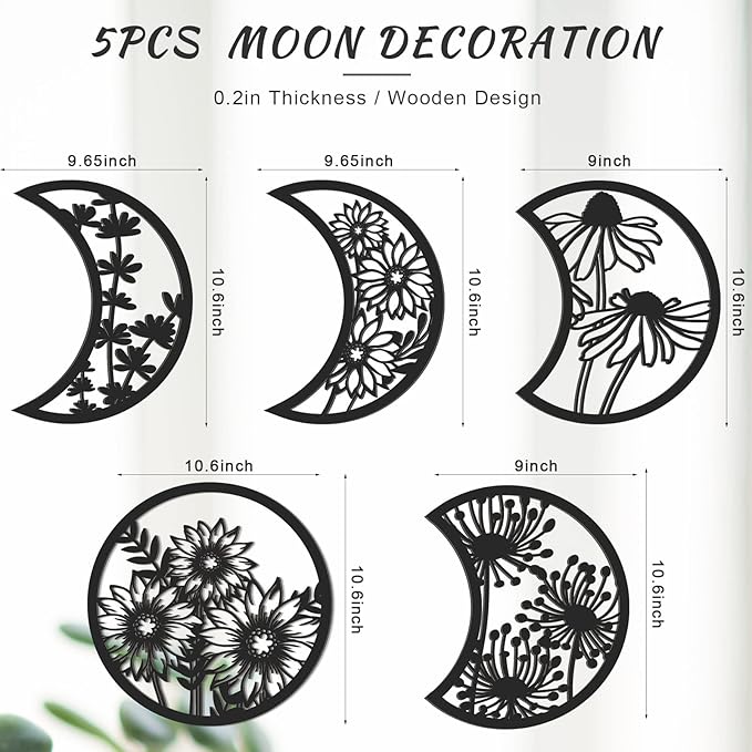 Jetec 5 Pcs Moon Phase Wall Art Decor Wall Pediments Hanging Wooden Phase Spiritual Bedroom Nordic Boho Lunar Aesthetic Art for Living Room Dorm Apartment Ornament (Black,10.6 Inch,Flower)