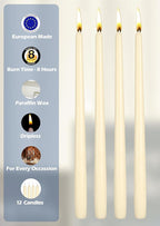 Hyoola 12 Pack Tall Taper Candles - 10 Inch Woolwhite Dripless, Unscented Dinner Candle - Paraffin Wax with Cotton Wicks - 8 Hour Burn Time