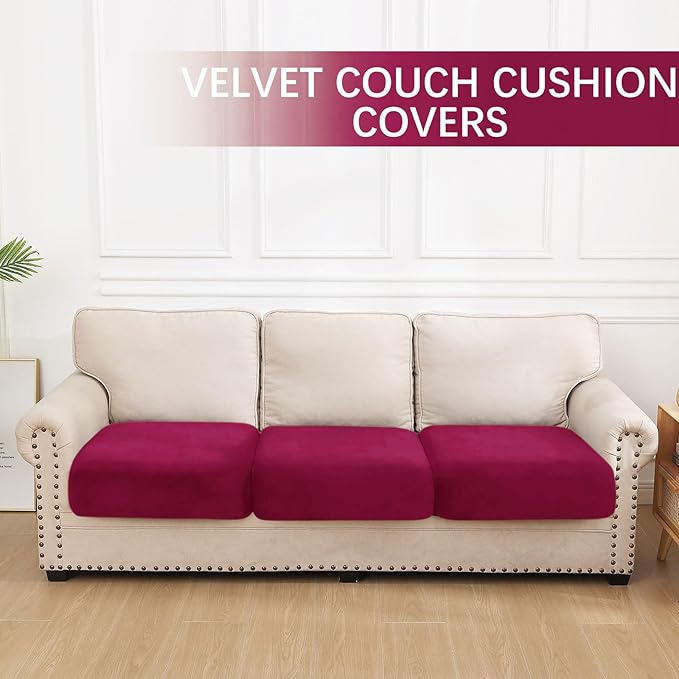 hyha Velvet Couch Cushion Covers, Soft Sofa Seat Covers for sectional 3 Cushion Couch Washable, Magic Sofa Slipcover with Elastic Bottom, Non-Slip Furniture Protector for Pets, Kid(3PC, Wine Red)
