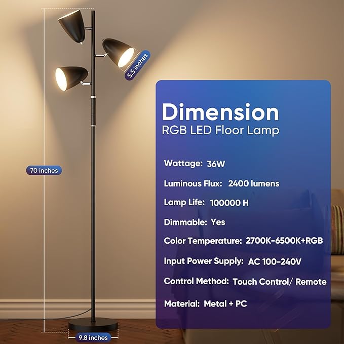 QiMH LED Floor Lamp for Living Room, 36W Modern Standing Lamp with 3 Lights, Tree Floor Lamp for Bedroom with 4 Colors Changing& RGB Mode, Remote and Touch Control Stepless Dimmable Tall Lamp, Black