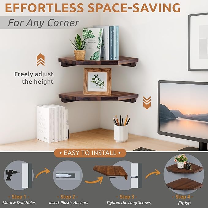 Demigo Hexagon Corner Floating Shelves Wall Mount (Set of 2) – Solid Acacia Wood with Hidden Brackets & Cable Hole – Rustic & Modern Space-Saving Shelves for Bedroom Living Room Office Kitchen