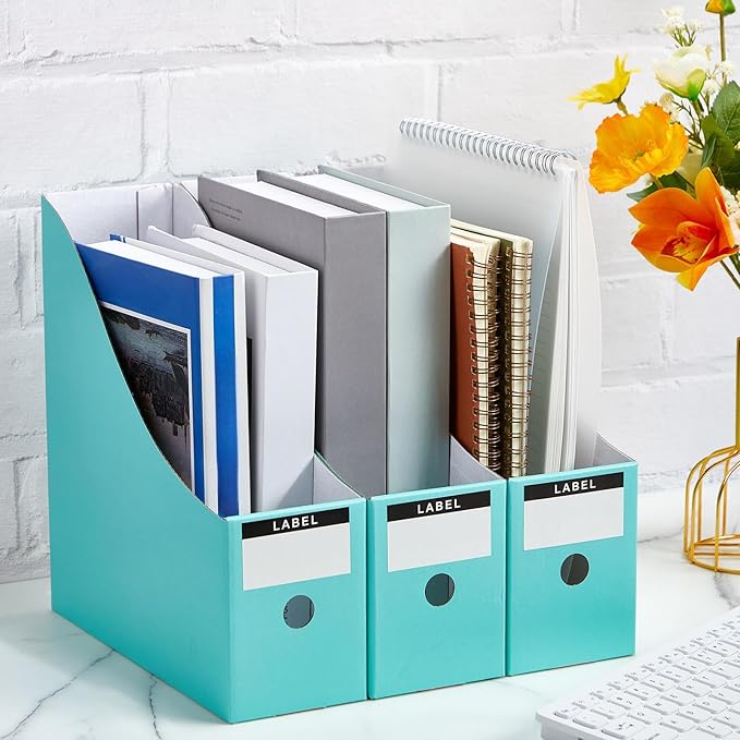Thenshop 24 Pcs Cardboard Magazine File Holders Magazine Book Bin Box with Label Sticker Paper Organizer Storage Folder for Desk Shelves School Classroom Office Supplies(Classic,Mint)