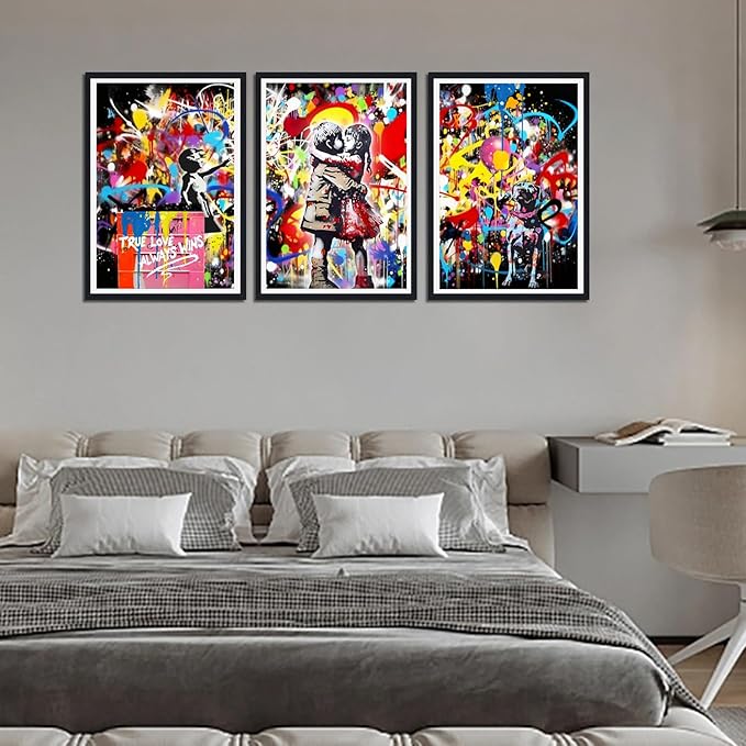 Novatique Banksy Canvas Wall Art for Bedroom Colorful Graffiti Pictures Wall Decor Graffiti Street Print Pictures for Bedroom Living Room Decor,16" x 24" x 3Pcs