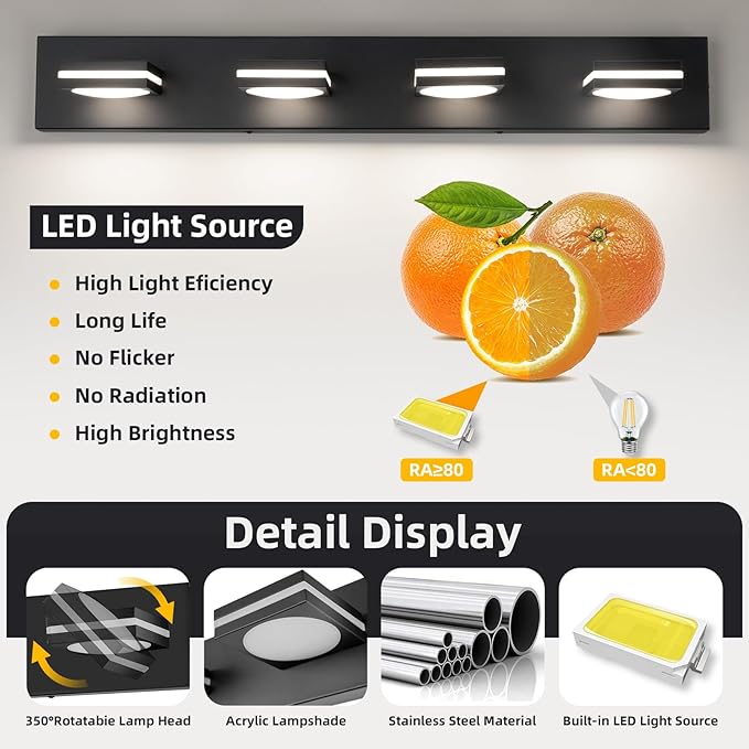 OKELI 4-Light LED Bathroom Vanity Light Fixtures, Matte Black Modern Bathroom Wall Lighting Fixtures Over Mirror (3CCT, 3000K-6000K)