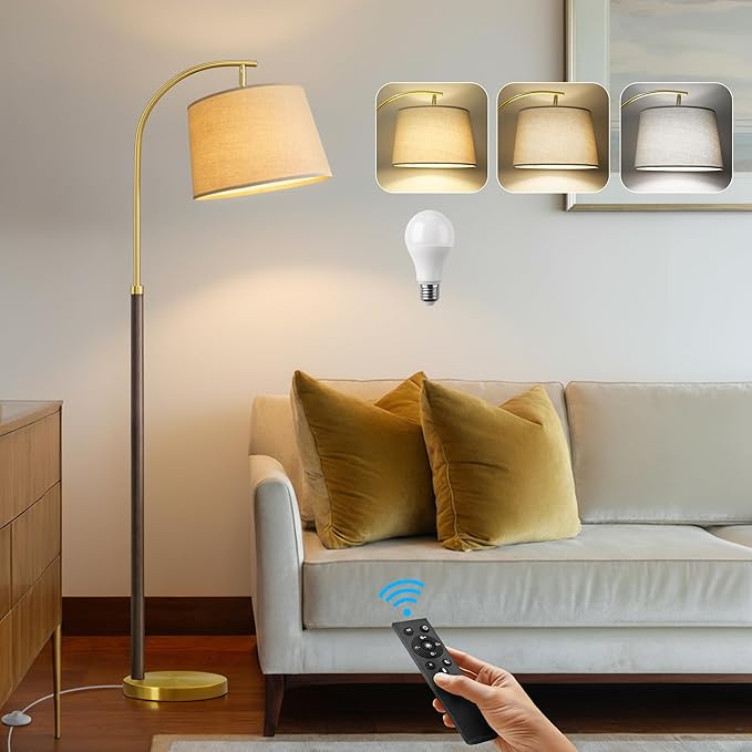 63" Wood Floor Lamp for Living Room Dimmable Standing Lamp with Remote & Foot Switch, 3 Color Temperatures Tall Lamp Mid Century Modern Floor Lamp for Bedroom Office, 9W Bulb Included, Walnut Brown