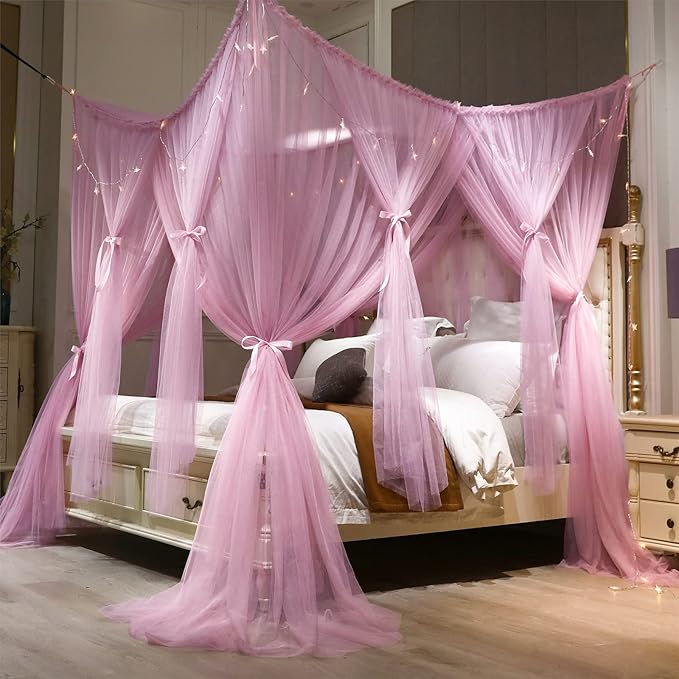 VETHIN 4 Corners Post Princess Bed Canopy Curtain Double Layer Cozy Drape Netting 4 Opening Mosquito Net for Girls & Adults Bedroom Decoration Accessories (Double Pink, 53" W*78" L*82"*H/(Full))