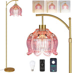 Pink Floor Lamp for Living Room,Bedroom,Glass Gold Dimmable Standing Lamp with Remote,Mid Century Modern Brass Tall Lamp Boho Floor Lamps Arc Stained Tulip Flower Floor Light Lamp Bohemian