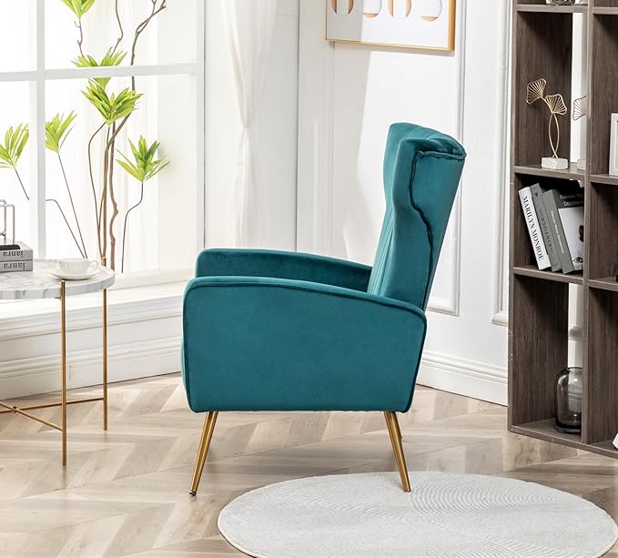 Modern Velvet Accent Chair, Channel Tufted Bedroom, Office or Living Room Furniture with Elegant Metal Legs, 26" Wide Armchair, Blueish Green
