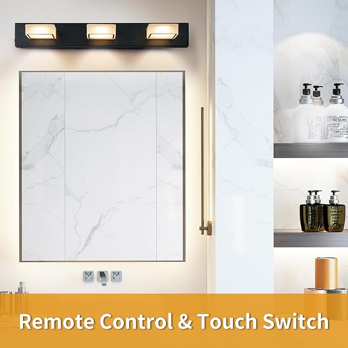 Megastar Rechargeable Battery Operated Vanity Light, Remote Control, 3CCT, 60W Equivalent Acrylic Matte Black Bathroom Vanity Lights Over Mirror, 3 Lights,Non-Hardwired/Power Outage,21.6Inch