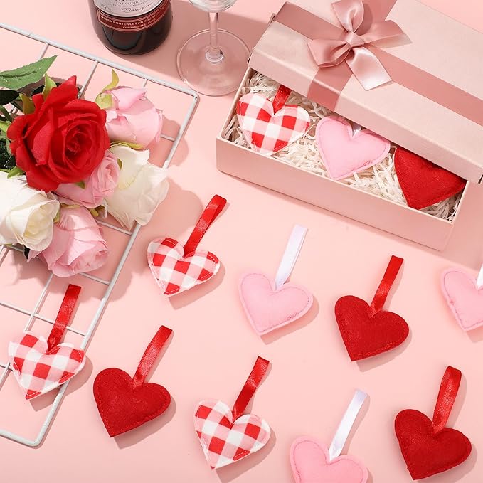 Syhood 12 Pcs Valentine's Day Felt Heart Ornaments Hanging Tree Decor for Wedding, Anniversary, Christmas Party Supplies, Winter Home Decorations(Pink and Red,Elegant Style)