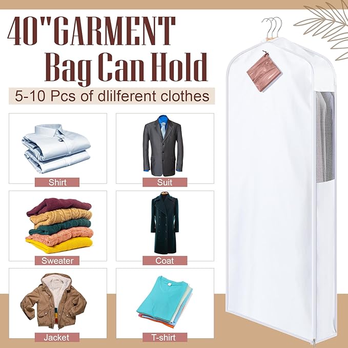 2 Set 60in Long Cotton Garment Bags, 6in Wide Gusset Hanging Storage Clothes with 8 Cedar Blocks, Transparent Mesh Window, Breathable Closet Bags for Fur Coat Suit Sweater Dress, White