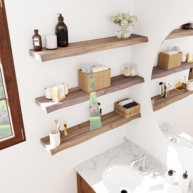 36" Acacia Live Edge Floating Shelves Set of 2 - Wall Mounted Wooden Shelf for Stylish Home Décor - Dark Walnut Color 36x7.5x1.5 Inches
