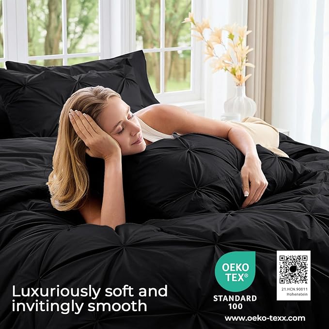 Sasttie King Size Comforter Set, 7-Piece Bed in a Bag, Pintuck Bedding Set for All Season, Includes Comforter, Flat Sheet, Fitted Sheet, Pillowcases and Pillowshams, Black