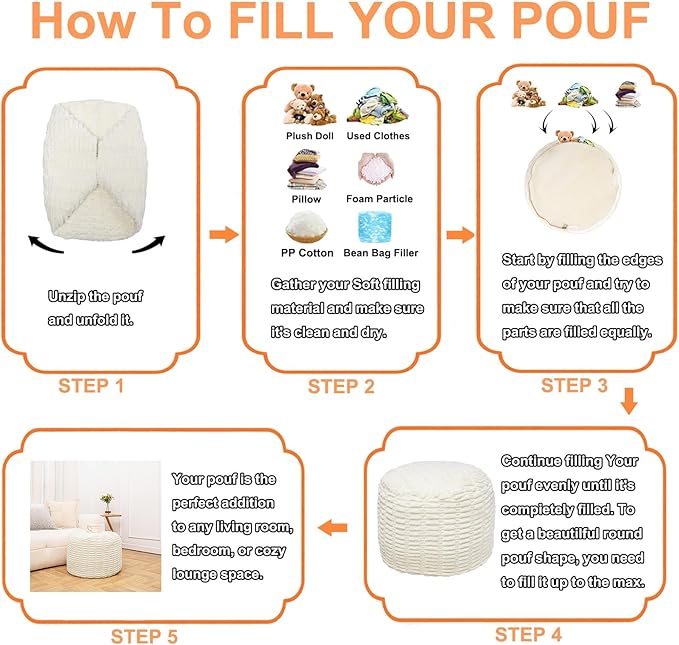 Handmade Unstuffed Ottoman Pouf Cover – Versatile Storage Footstool & Floor Pouf for Living Room, Bedroom, or Wedding Decor | 20" Diameter x 14" Height | Filler Not Included (Cream)