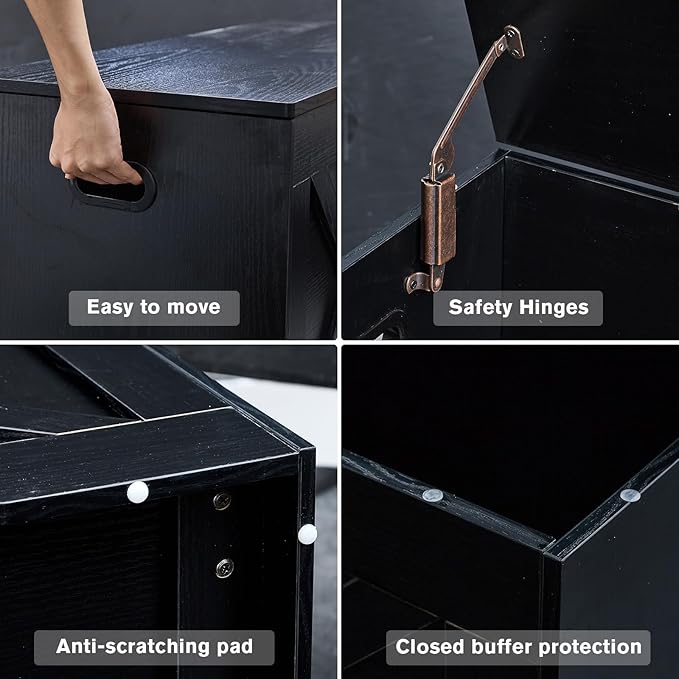 47.2” Storage Bench,Extra Large Wooden Storage Chest with 2 Safety Hinges,entryway Bench,Blanket Storage,Shoe Storage Bench for Entryway,Bedroom,Living Room,Easy Assembly-Black
