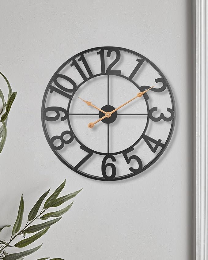 Large Clocks for Living Room Decor, Silent Non Ticking Wall Clocks Battery Operated, 18 Inch Decorative Analog Metal Indoor Outdoor Wall Clock for Kitchen, Bedroom, Office, Patio - Black