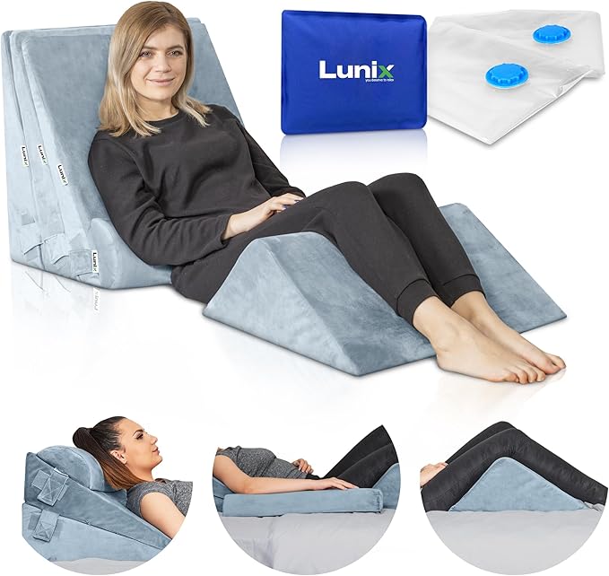 Lunix 5pcs Orthopedic Bed Wedge Pillow Set for Sleeping – Adjustable Post Surgery Back, Leg & Knee Support, Acid Reflux & GERD Relief, Memory Foam Head Pillows, with Hot/Cold Pack, Gray
