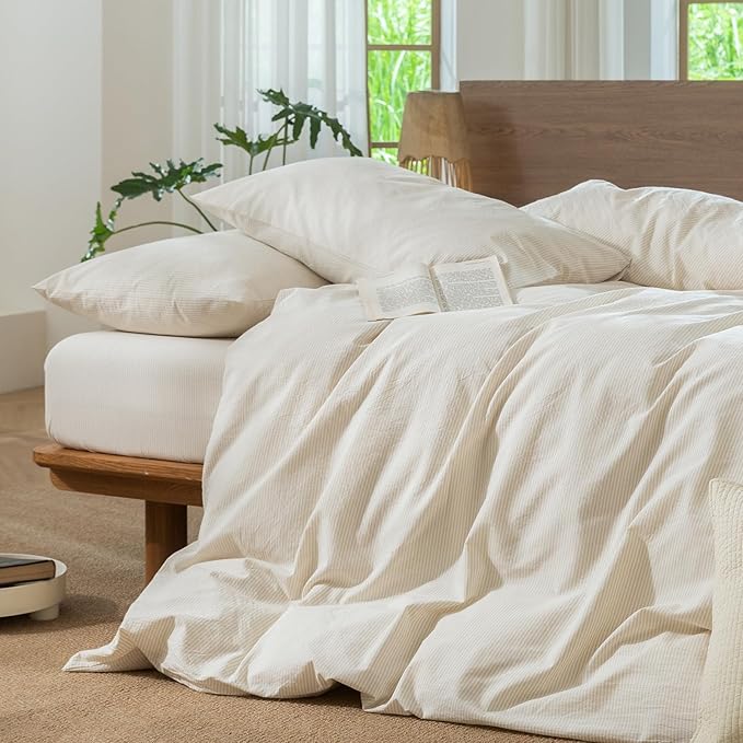 MooMee Striped Duvet Cover Set 100% Washed Cotton Linen Like Textured Breathable Durable Soft Comfy (Almond Milk Grey Pinstripes, Super King Plus 120"x120")