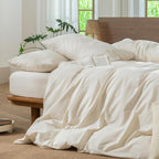 MooMee Striped Duvet Cover Set 100% Washed Cotton Linen Like Textured Breathable Durable Soft Comfy (Almond Milk Grey Pinstripes, Oversized Full 82"x86")
