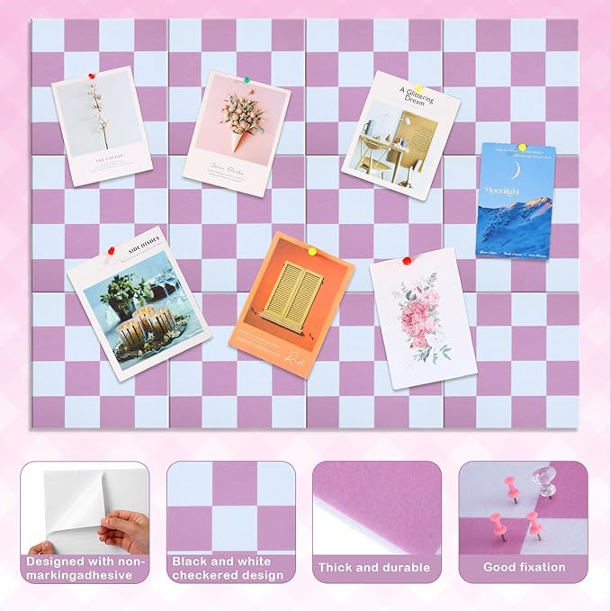 Geyoga 12 Pcs Cork Board for Wall 12 x 12 Inch Retro Colorful Checkered Bulletin Board Acoustic Wall Panels Boho Felt Tiles Cute Self Adhesive Hanging Decor for Office Home Classroom(Pink Plaid)