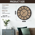 Maxstar Large Wall Clock for Living Room,Metal & Wood Silent Rustic Farmhouse Wall Clock with Arabic Numeral, Battery Operated Decorative for Bedroom Office Home Decor 20inch Black