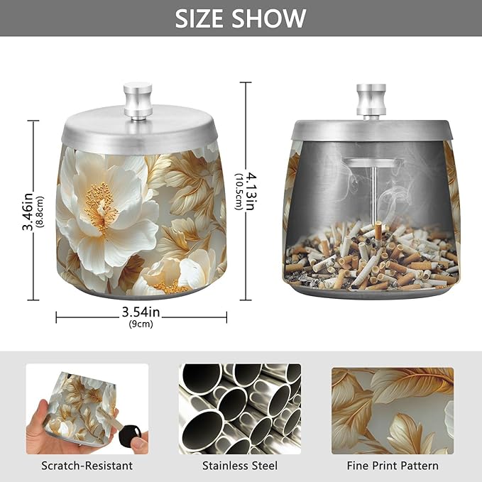 Parametric Floral Pattern Ashtray with Lid, Outdoor Ashtrays for Patio, Stainless Steel Ashtray Odorless Smokeless for Home Office Balcony