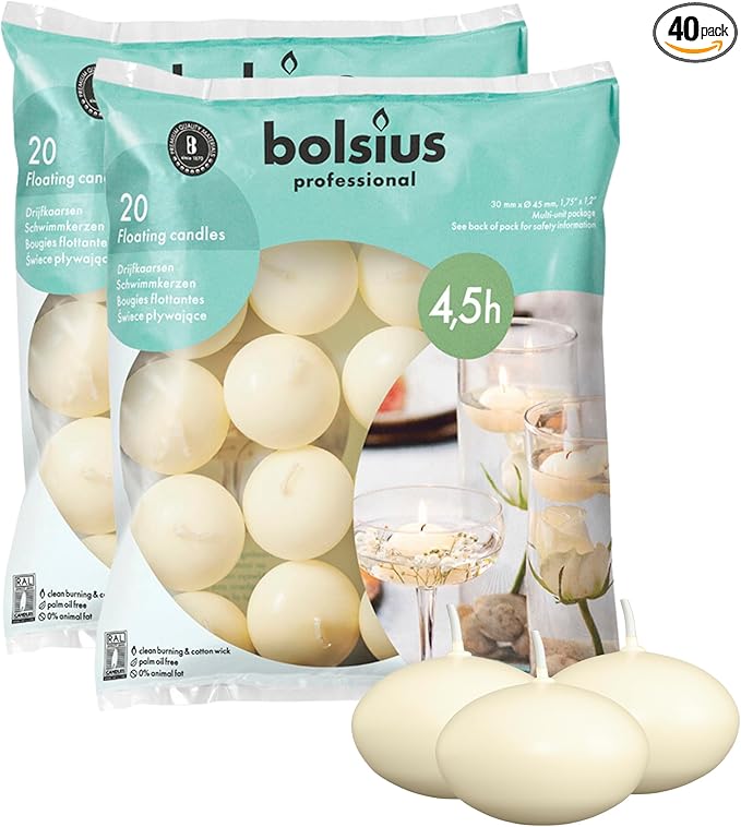 BOLSIUS Unscented 1.75" Floating Candles - Pure Rich Creamy Ivory, 40 Set - Smokeless, European Quality - Imbue Breathtaking Ambiance for Romantic Wedding Centerpieces, Decorations, Holiday Parties