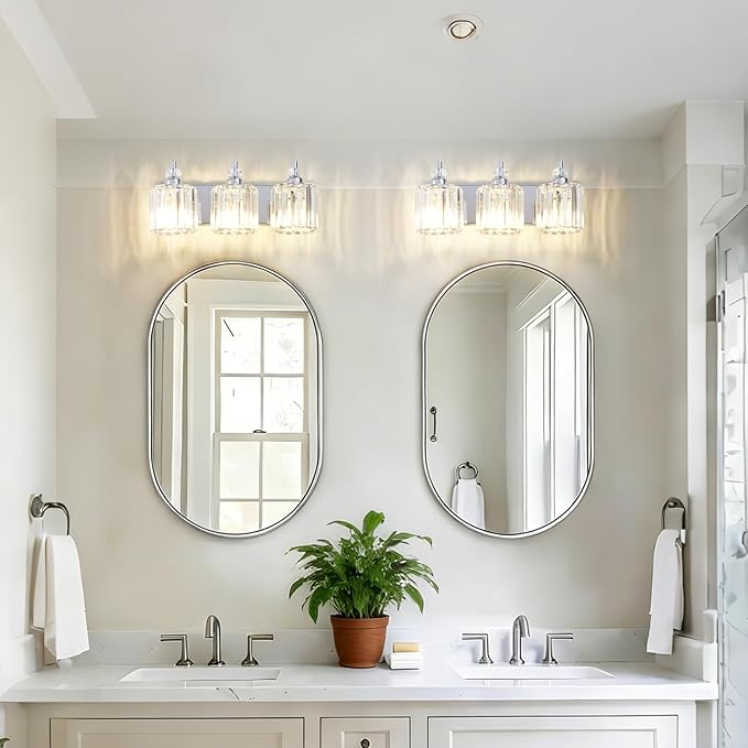 3-Light Modern Bathroom Light Fixture Chrome Bathroom Vanity Lights Over Mirror Wall Sconce Lighting with K9 Crystal Shades E26 Base for Bedroom, Living Room, Hallway, Cabinet Wall Lamp