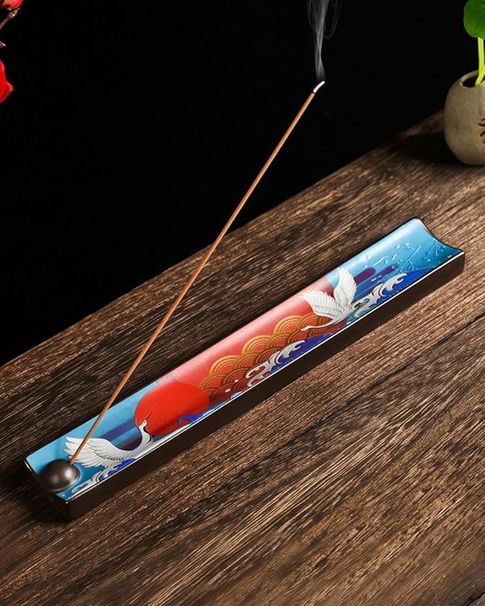 Japanese Incense Stick Holder with Ash Catcher - Ceramic Incense Burner with Traditional Ukiyo-e Art, for Zen Meditation, Home Decor & Gift