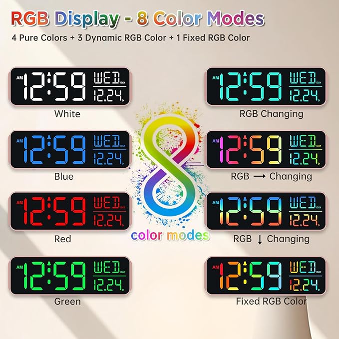 Peakeep Kids Digital Alarm Clock for Bedrooms, Date Day of Week Large Display Numbers 6 Brightness Dimmer, 5 Volume Loud for Heavy Sleepers, 8 RGB Colors Electric Desk Clock Battery Backup, Auto DST
