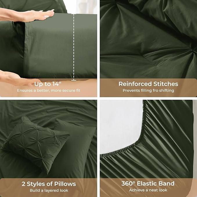 Sasttie King Size Comforter Set, 7-Piece Bed in a Bag, Pintuck Bedding Set for All Season, Includes Comforter, Flat Sheet, Fitted Sheet, Pillowcases and Pillowshams, Dark Green