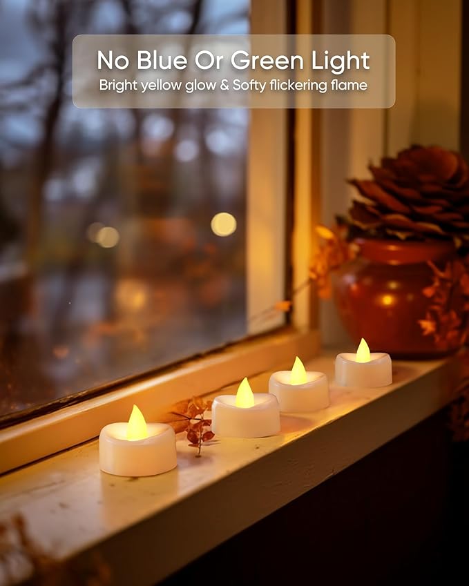 LED Candles, 12-Pack Battery Operated Tea Lights, Flameless Flickering Tealights for Fall Home Party Wedding in Warm Yellow, 1.5'' D X 1.25'' H