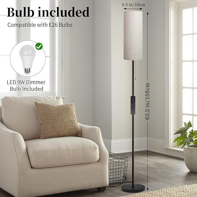 Floor Lamp for Living Room, Modern Standing Lamps with Lampshade, Minimalist Tall Lamp with Chain Switch for Living Room, LED Bulb Included (Beige Shade-Remote Bulb)